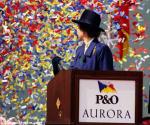 ID 1290 AURORA (2000/76152grt/IMO 9169524) - Princess Anne, the Princess Royal pulls the handle to fire the confetti in the air and send the champagne crashing across the hull of AURORA at her naming...